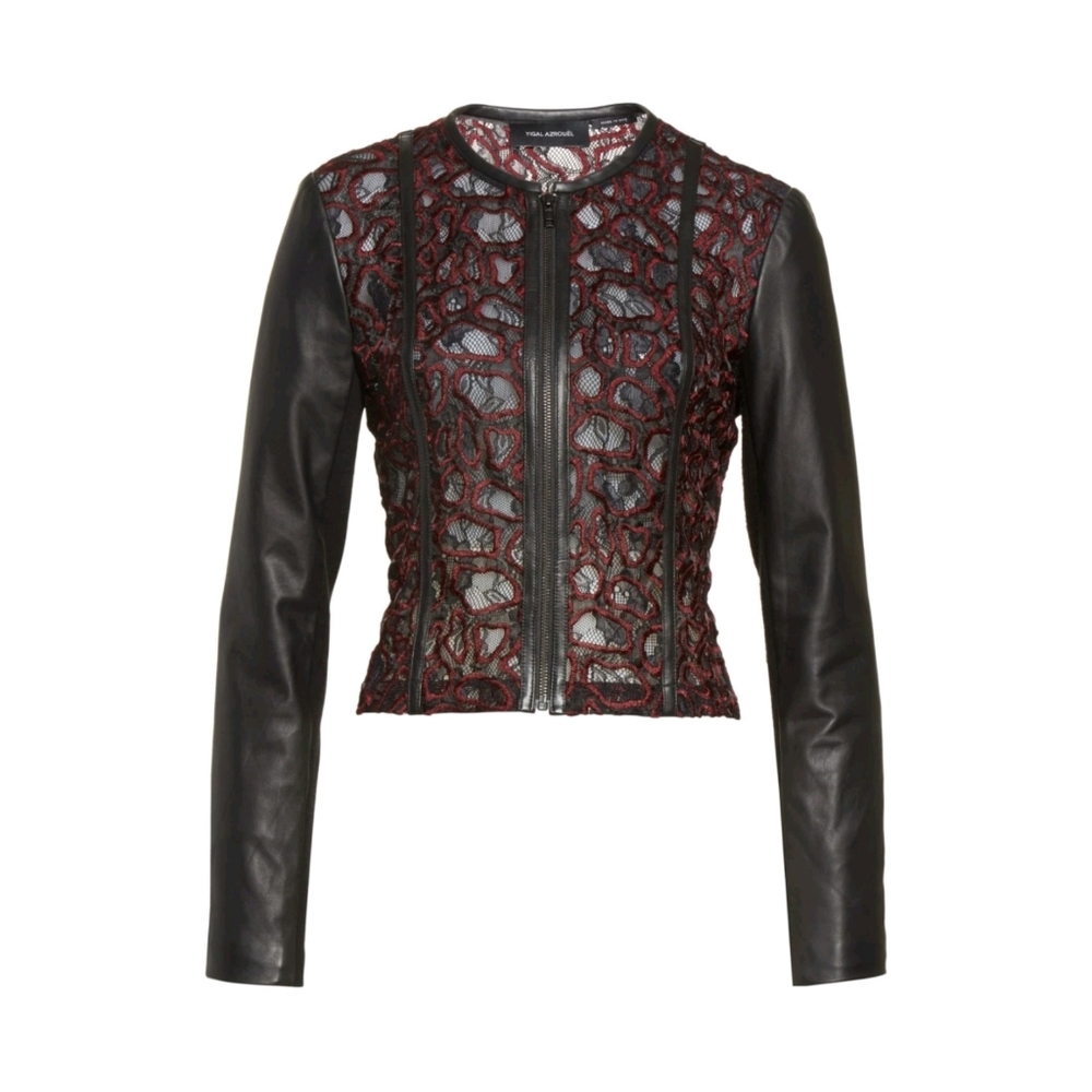 Women's Yigal Azrouel Lace & Lambskin Leather Moto Jacket Size 6